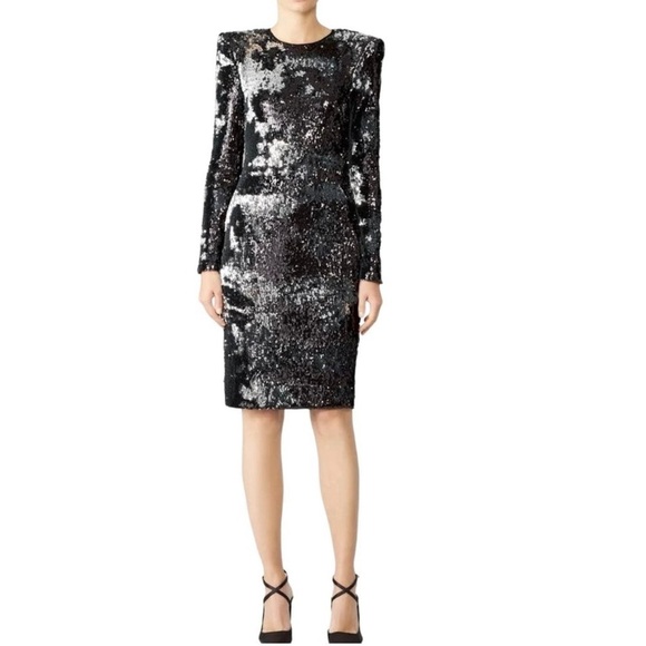 NAEEM KHAN Silver Black Sequin Sheath Open Back Dress